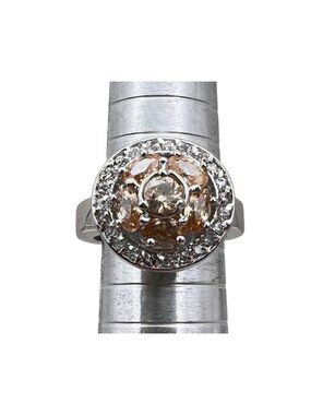 Pink Cubic Zirconia Silver Tone Ring Size 7.25 Cluster Halo Sparkling Cocktail